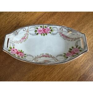 Antique Hand Painted Nippon Celery Relish Dish Trinket Tray Floral Gold